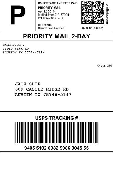 Example of a USPS Priority Mail cubic shipping label