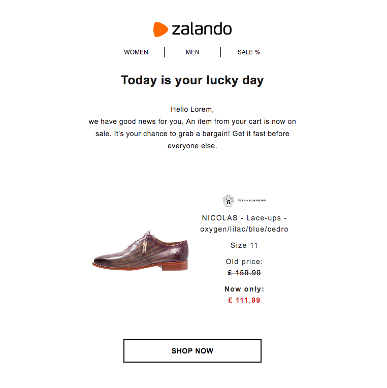 Abandoned cart email example Zalando