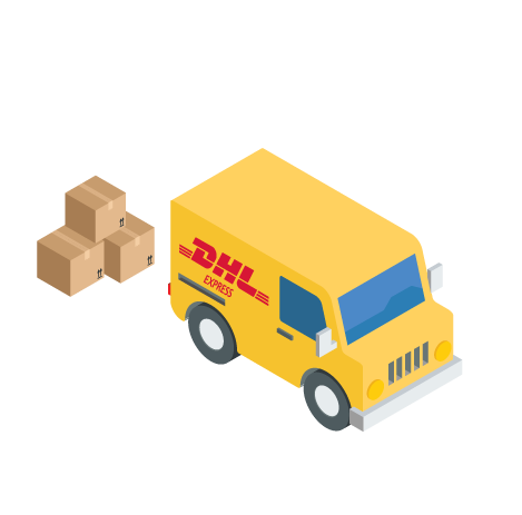 Digital design of DHL Express shipping truck delivering packages.