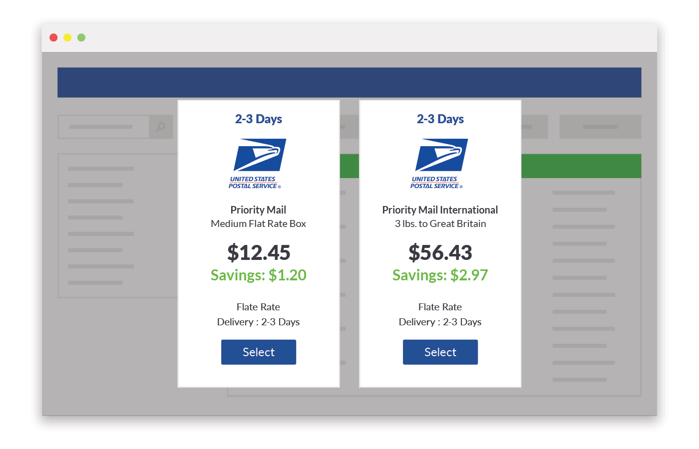 USPS shipping price comparison preview of ShippingEasy platform.