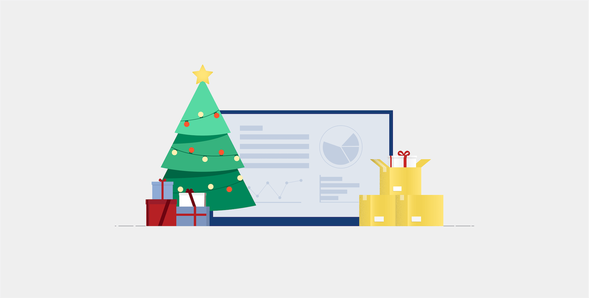 illustraton with christmas tree, shipping boxes, presents and computer screen with reporting dashboard open