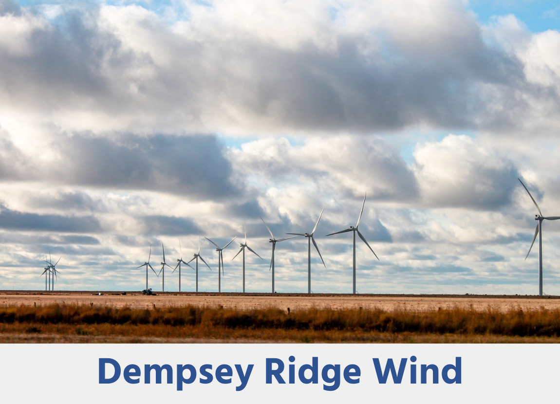 Dempsey Ridge Wind project image with wind turbines and a cloudy sky