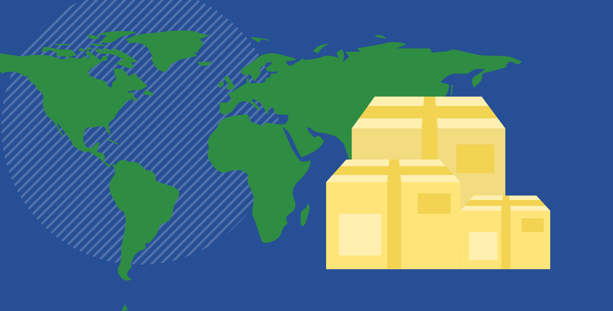 A stack of shipping boxes sits in front of a blue and green map of the world.