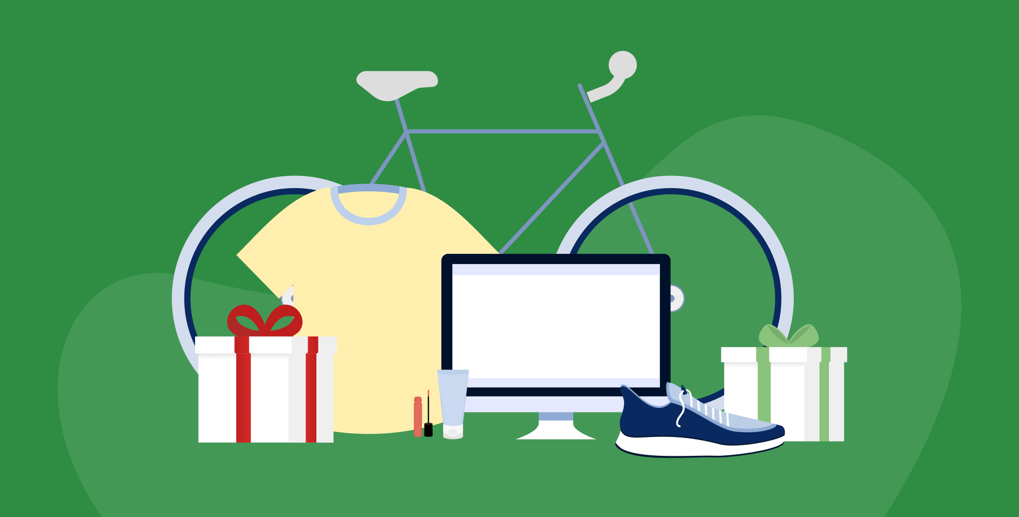 A green background with illustrated images of a bike, shirt, gift, computer, and sneakers to represent the top holiday products.