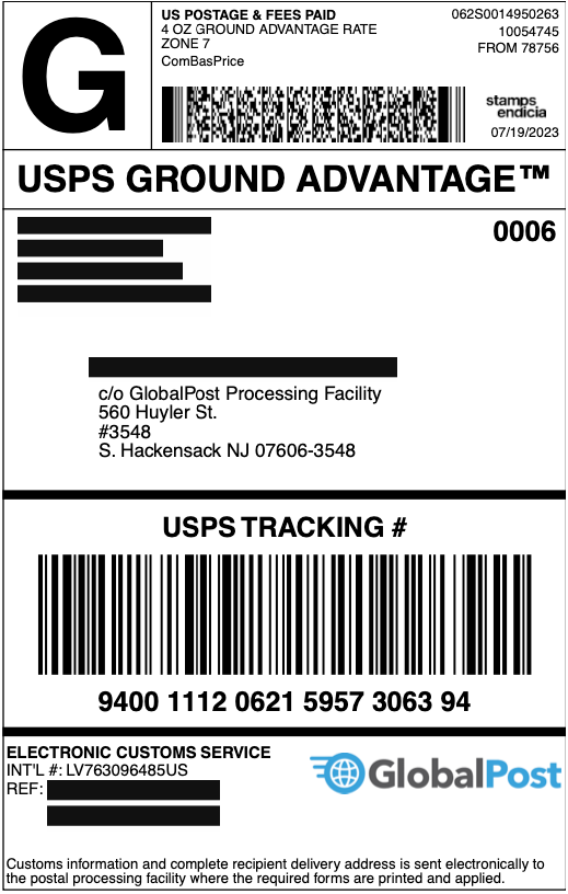 This is an example of a GlobalPost label that has a processing facility as the recipient. 
